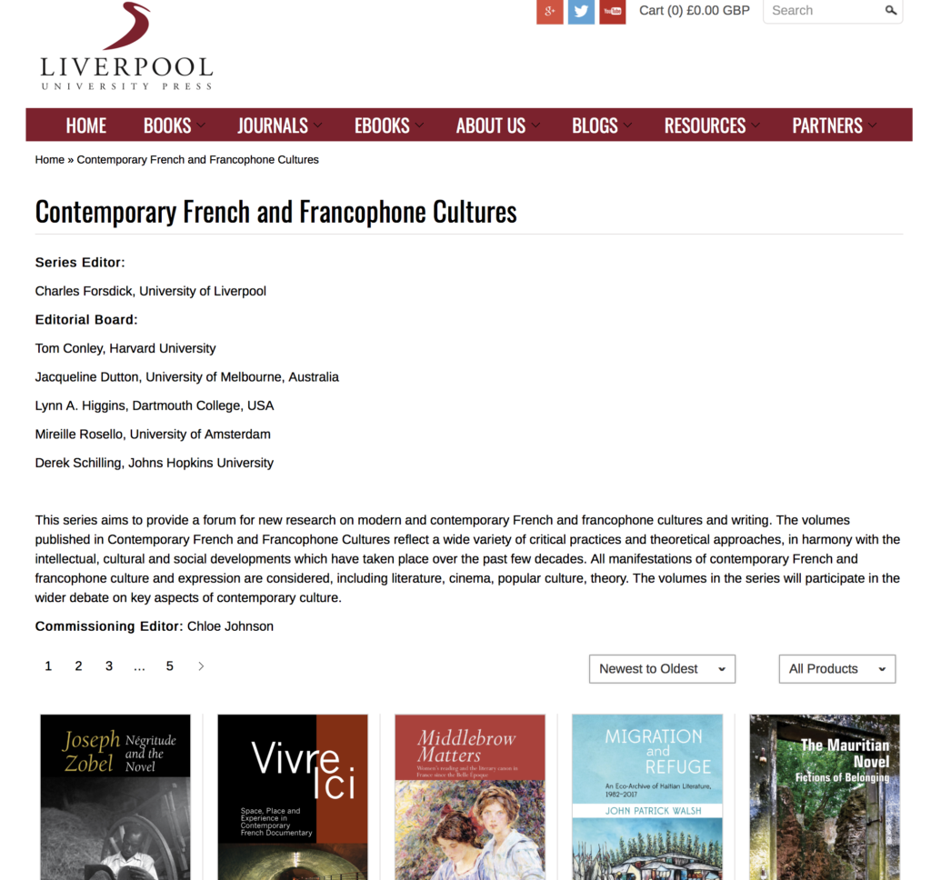 Liverpool Univrersity Press Contemporary French and Francophone Cultures series