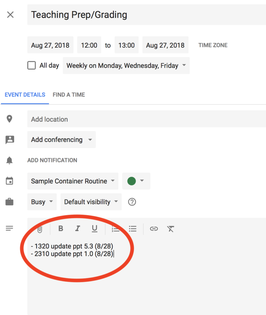 Google Calendar Container Routine With Description